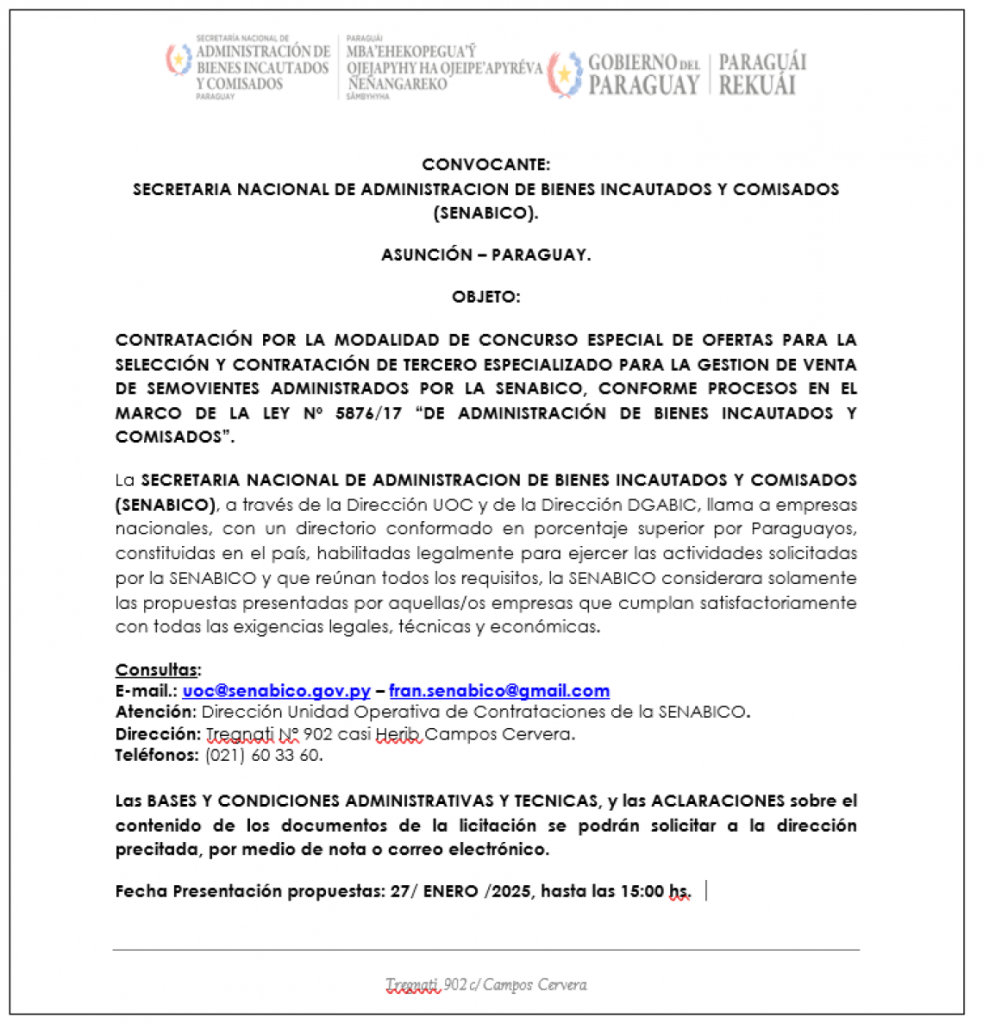CONTRATACIÓN POR LA MODALIDAD DE CONCURSO ESPECIAL DE OFERTAS PARA LA SELECCIÓN Y CONTRATACIÓN DE TERCERO ESPECIALIZADO PARA LA GESTION DE VENTA DE SEMOVIENTES ADMINISTRADOS POR LA SENABICO
