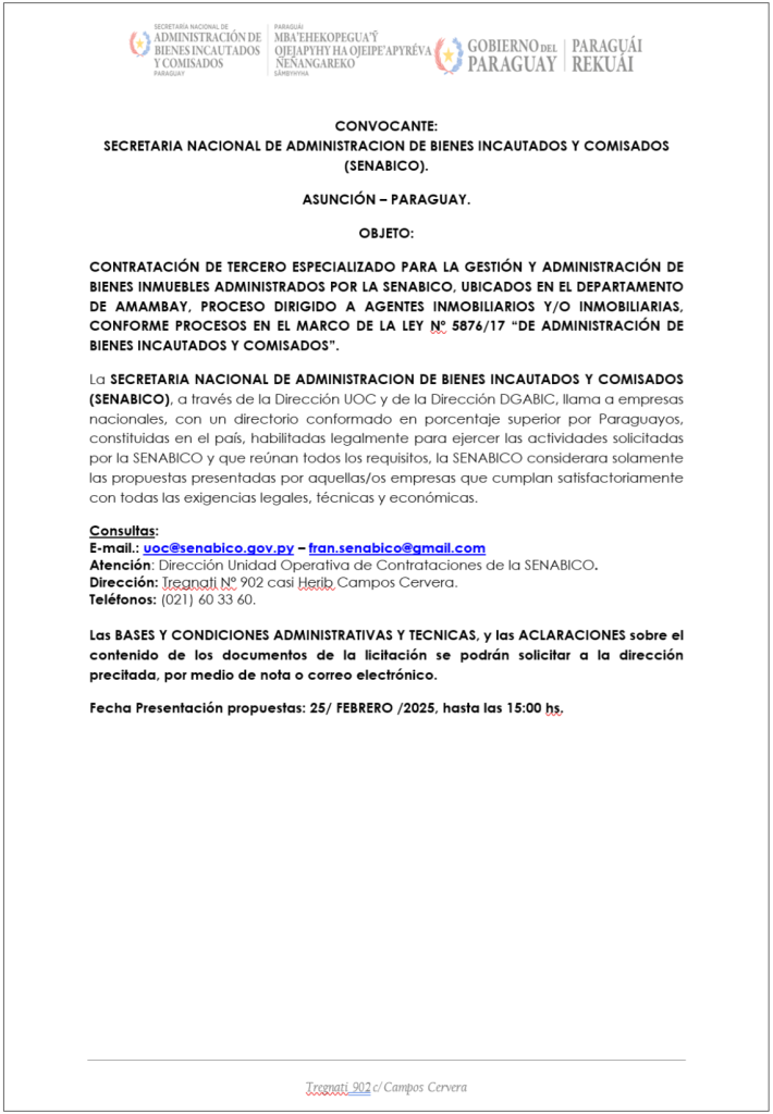 CONTRATACIÓN DE TERCERO ESPECIALIZADO PARA LA GESTIÓN Y ADMINISTRACIÓN DE BIENES INMUEBLES ADMINISTRADOS POR LA SENABICO, UBICADOS EN EL DEPARTAMENTO DE AMAMBAY