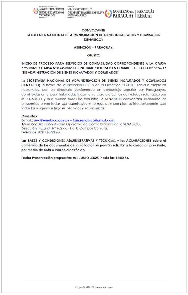 INICIO DE PROCESO PARA SERVICIOS DE CONTABILIDAD CORRESPONDIENTE A LA CAUSA 7797/2021 Y CAUSA N° 8535/2020, CONFORME PROCESOS EN EL MARCO DE LA LEY Nº 5876/17 “DE ADMINISTRACIÓN DE BIENES INCAUTADOS Y COMISADOS”