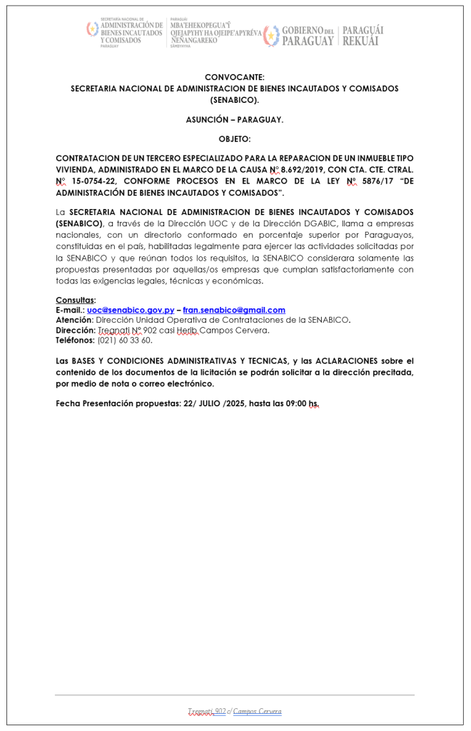 CONTRATACION DE UN TERCERO ESPECIALIZADO PARA LA REPARACION DE UN INMUEBLE TIPO VIVIENDA, ADMINISTRADO EN EL MARCO DE LA CAUSA N° 8.692/2019.
